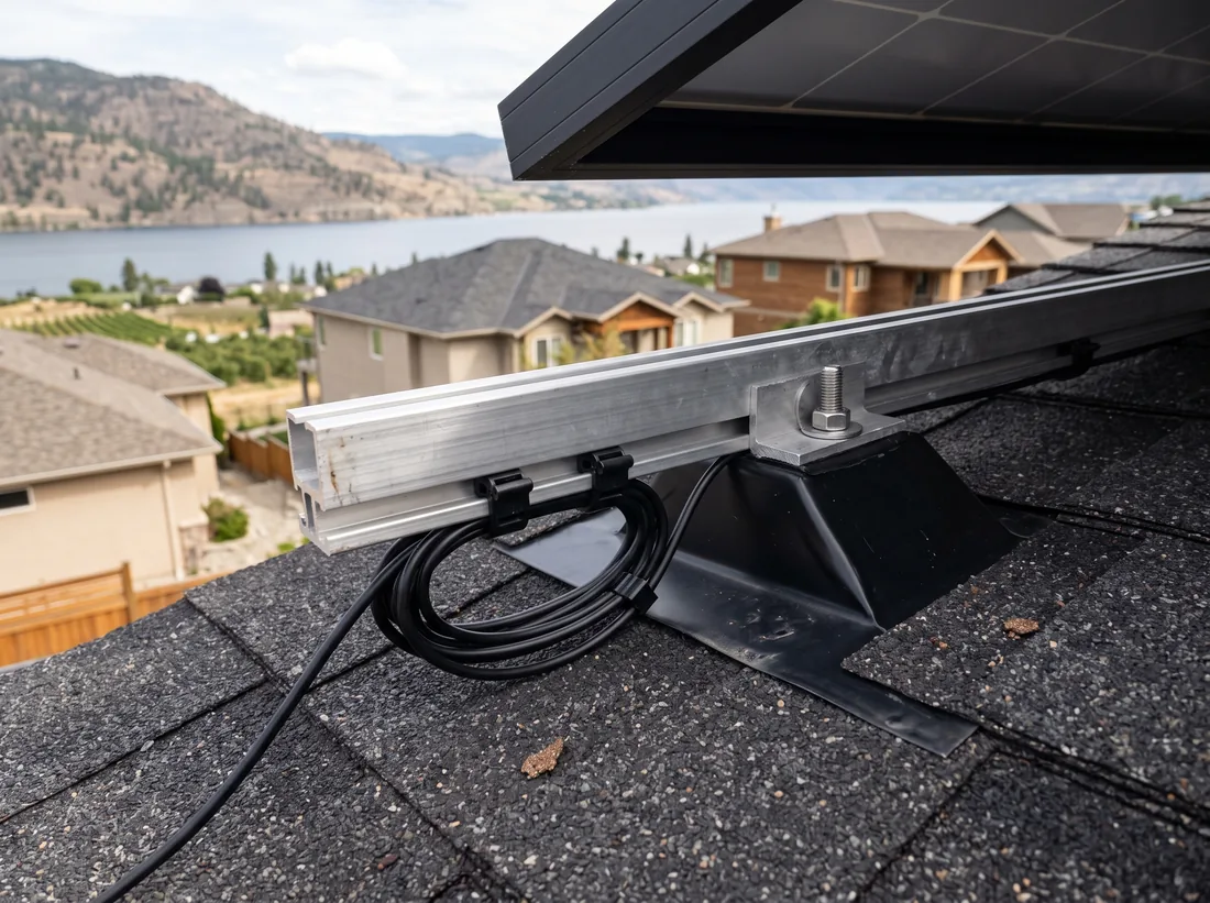 Close-up of a solar racking rail bolted to a flashed roof mount on dark shingles